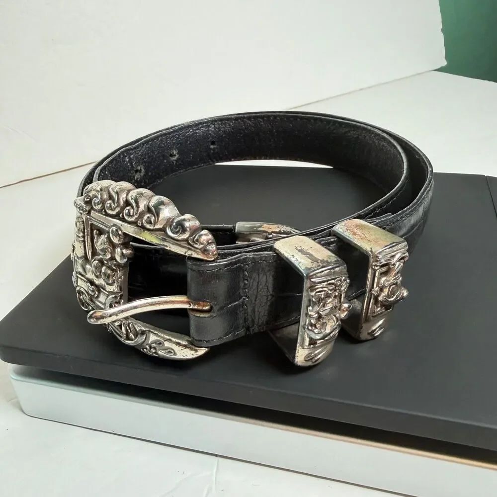 Brighton Disney Mickey Train Conductor Black Leather Belt Silver Tone Size 30